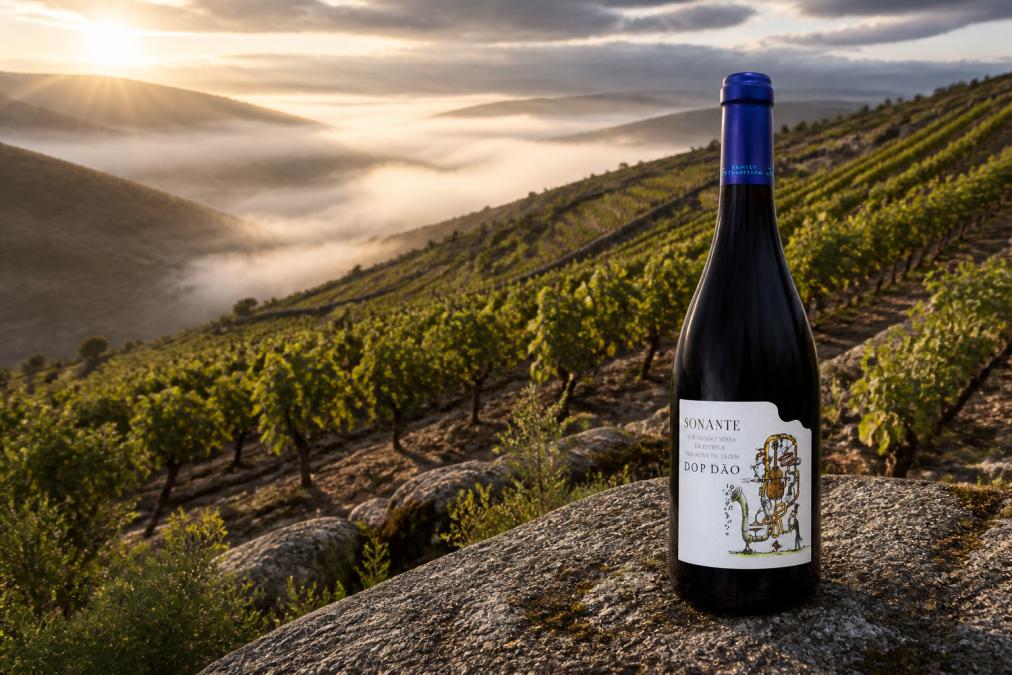 Terraced vineyard landscape in the Dão region with granitic soils visible between mature vines at elevation, morning mist rolling through the valley, golden sunlight breaking through clouds