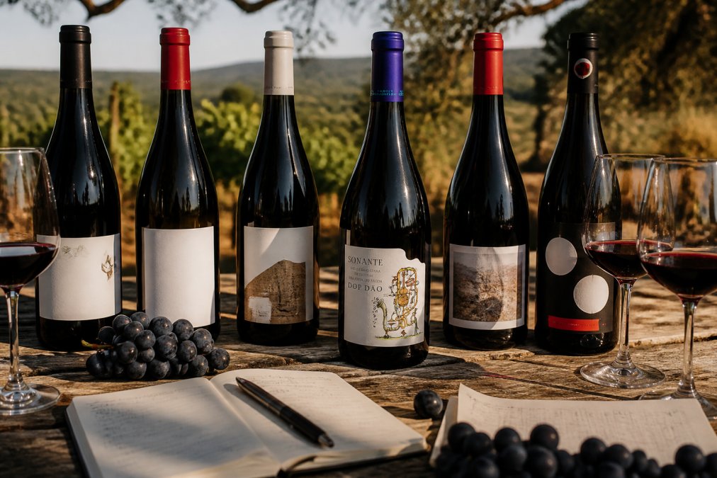 Six wine bottles from different Portuguese regions arranged on weathered wooden table with wine glasses, tasting notes, and scattered grapes, warm afternoon sunlight creating shadows across bottles