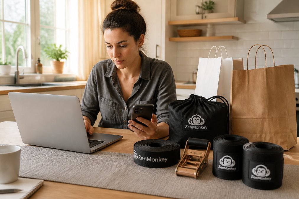 Person sitting at kitchen table with laptop and smartphone, comparing prices on lifestyle products with shopping bags and home organization items nearby, bright natural window lighting