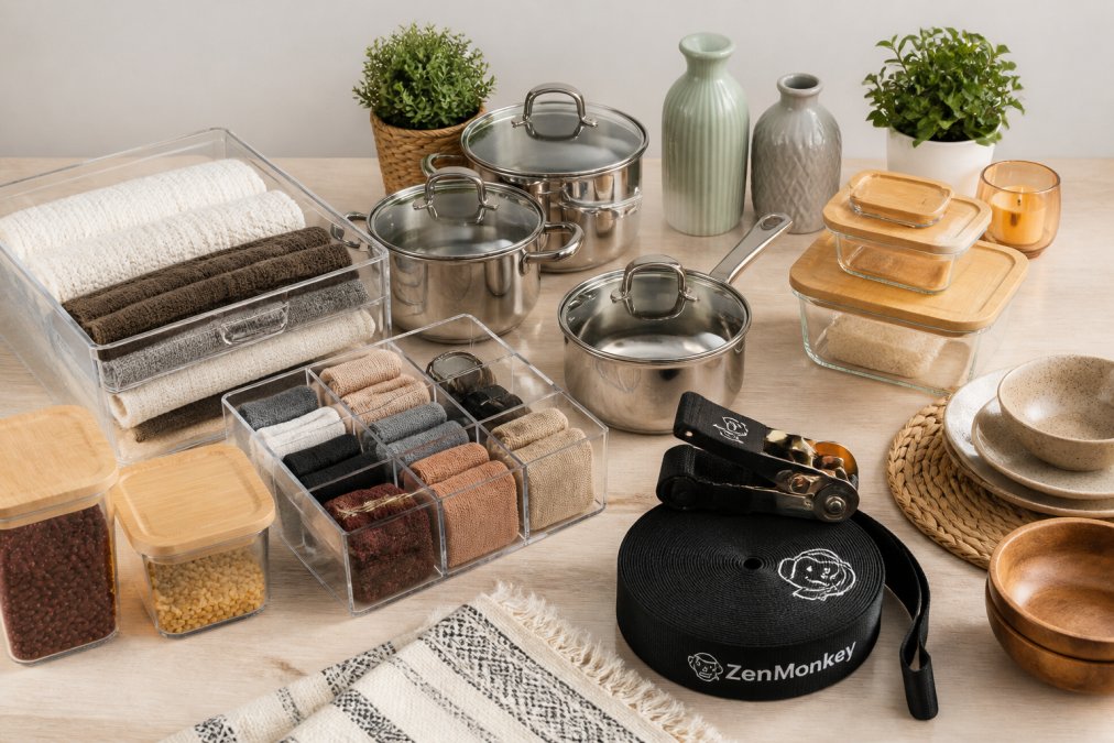 Flat lay of curated lifestyle essentials including clear drawer organizers, stainless steel cookware, home decor items, and kitchen storage containers arranged on light wooden surface with soft overhead lighting