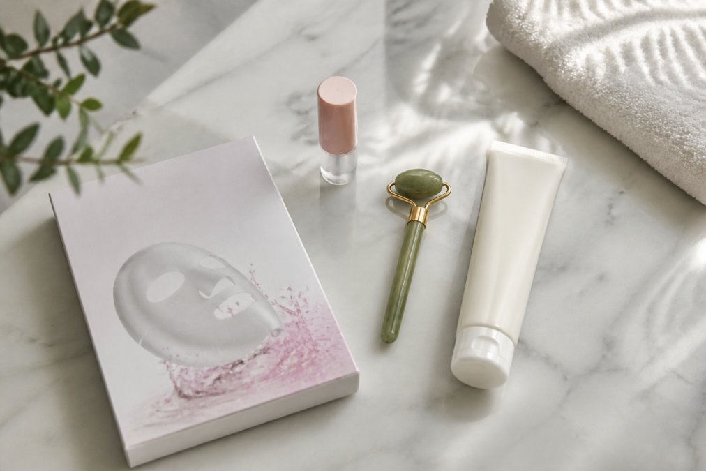 A flat-lay photograph of a minimal skincare routine on a marble surface: a collagen face mask box, a small bottle of lip moisturiser, a jade massage tool, and a tube of cleanser, arranged neatly with soft natural light