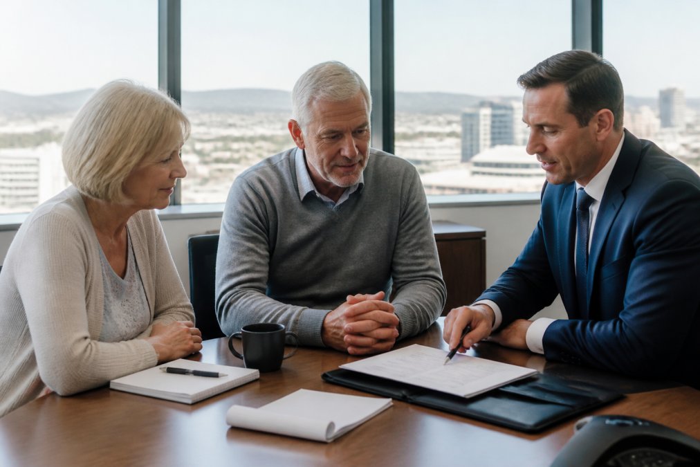 A financial advisor explaining a retirement income plan to a couple in their late 50s, pointing at a laptop screen with charts, in a bright office with large windows and a city view