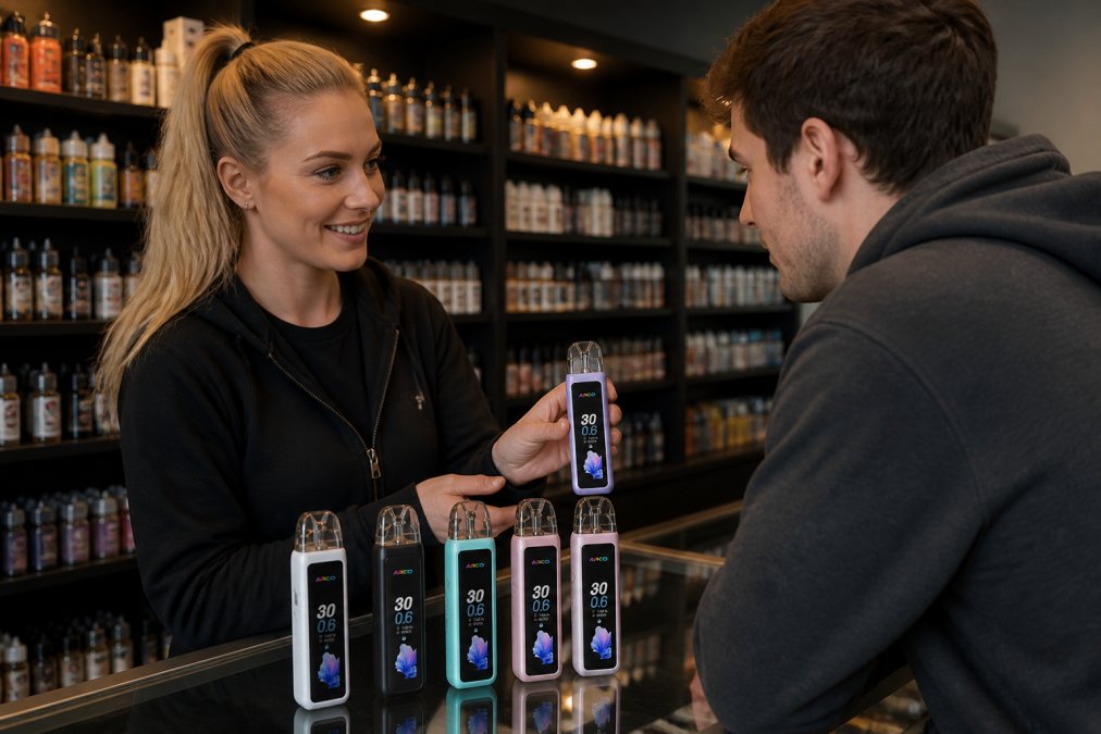 Friendly staff member at a vape shop counter showing a beginner customer different starter kit options, with colorful pod systems and devices displayed on the counter, warm shop lighting highlighting the products