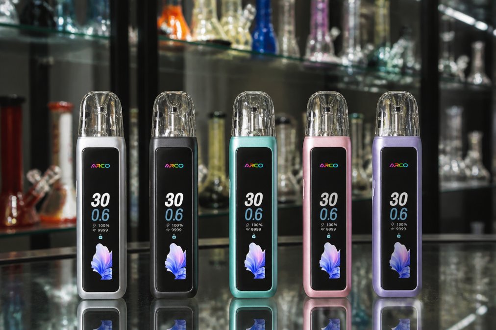 Close-up display of premium glass pieces and vaping accessories arranged on shelves, highlighting quality craftsmanship, artistic designs, and the variety of products with professional shop lighting