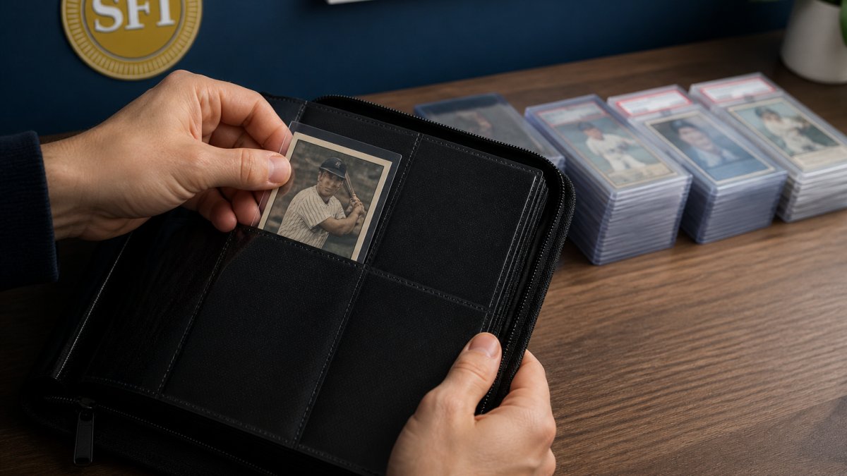 Collector sliding a sleeved card into a binder among other vaultx alternatives like top-loaders and slabs.