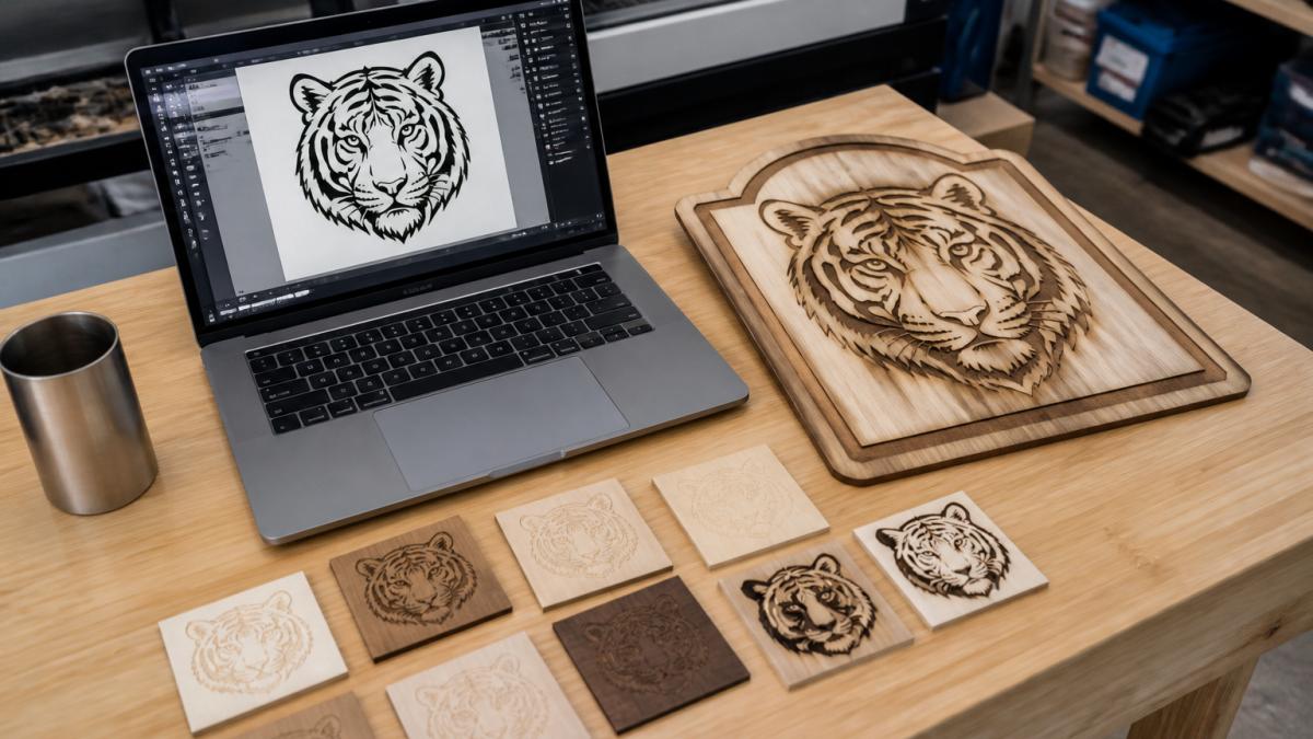 Overhead view of a small fabrication workshop bench with a laptop showing vector tracing software next to a laser-cut wooden sign and scattered sample engraved tiles