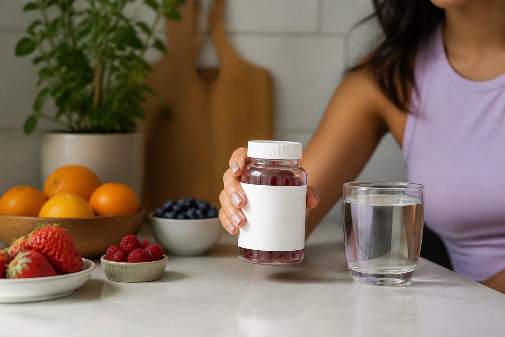 Woman holding a bottle of vegan collagen gummies next to fresh fruit on a sunlit kitchen counter