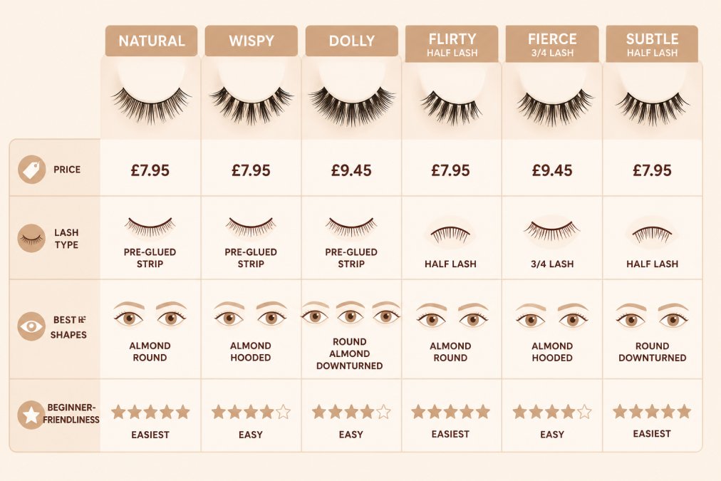 Comparison matrix of six Pretty Lashes styles showing price in GBP (£7.95 or £9.45), lash type (pre-glued strip, half lash, 3/4 lash), best eye shapes and a beginner-friendliness rating from easiest to easy