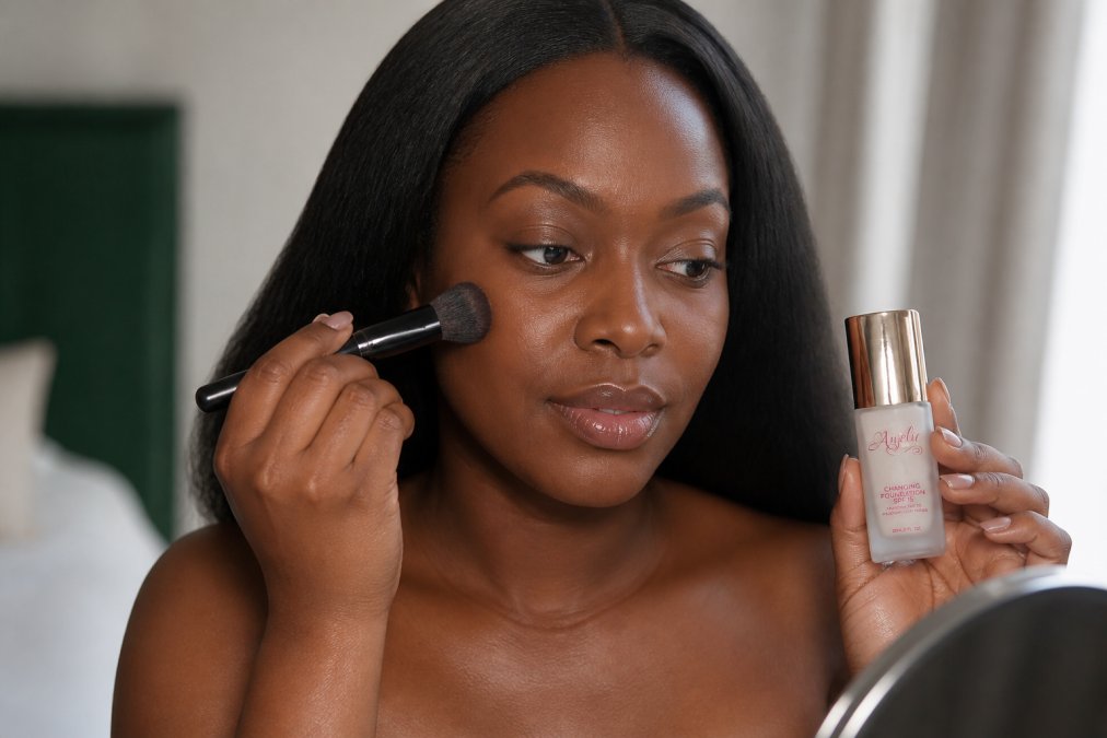 Woman with deep skin tone applying Anjelic Beauty foundation with a brush, showing the natural radiant finish and how the formula blends seamlessly into the skin
