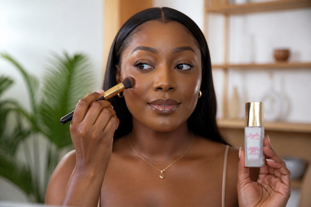 Professional illustration showing best vegan foundation for deep skin
