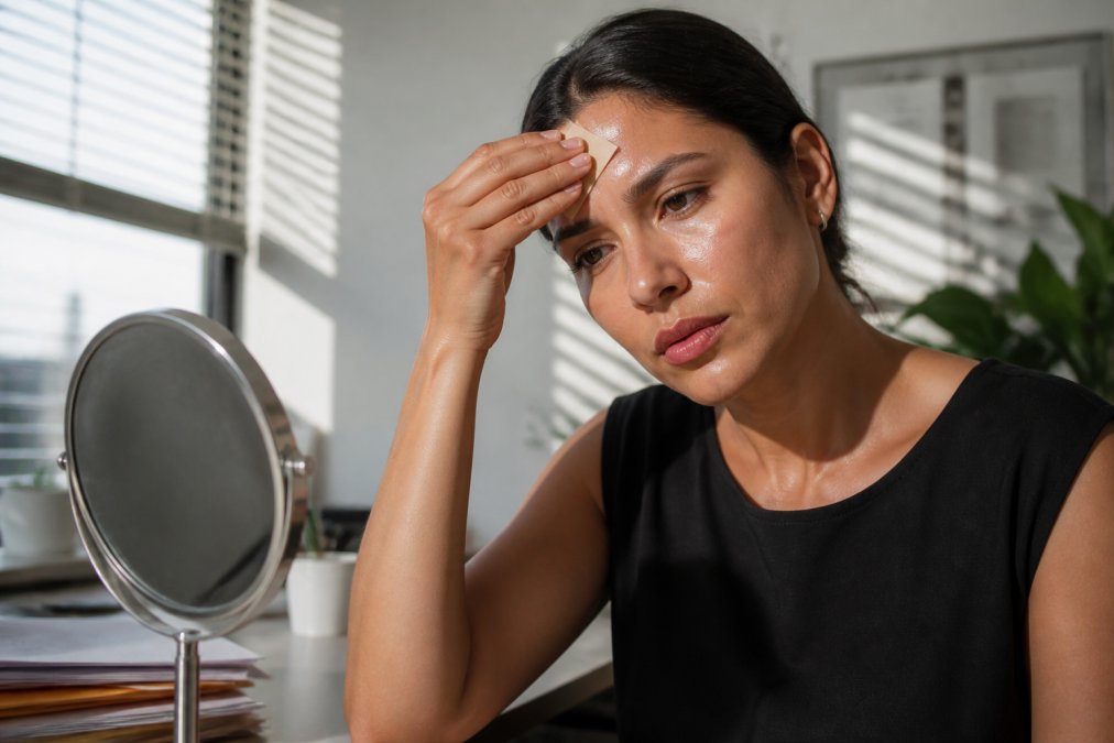 Close-up of a woman with oily skin pressing blotting paper to her forehead in a bright office, frustrated expression, afternoon light through window blinds