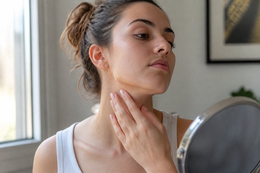 Woman swatching vegan foundation on her jawline in natural daylight near a window, comparing the foundation shade to her neck and face to test for proper color match and undertone alignment