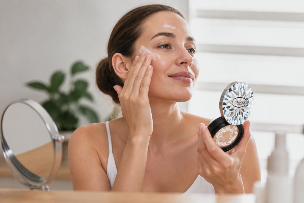 Close-up of hands applying lightweight moisturizer to face in soft natural morning light, showing gentle upward massage motions on cheeks and forehead