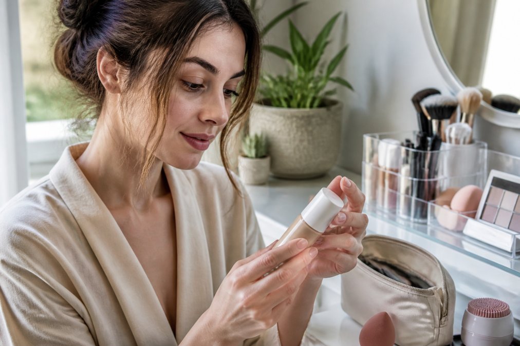 Close-up of a woman with clear, glowing skin examining a small makeup product label in natural daylight, surrounded by plant-based beauty products on a white vanity surface