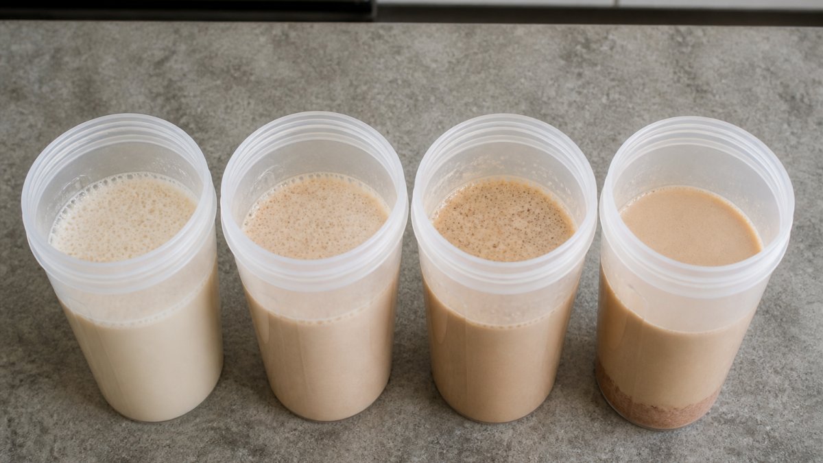 Overhead shot of four identical clear shaker bottles lined up on a kitchen counter, each filled with a different vegan protein powder mixed in the same almond milk, showing varying levels of foam and sediment