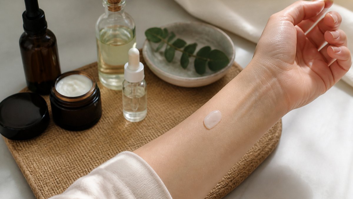 Close-up of a person's inner forearm with a small patch of skincare product applied, soft natural light, clean background, gentle and informative mood