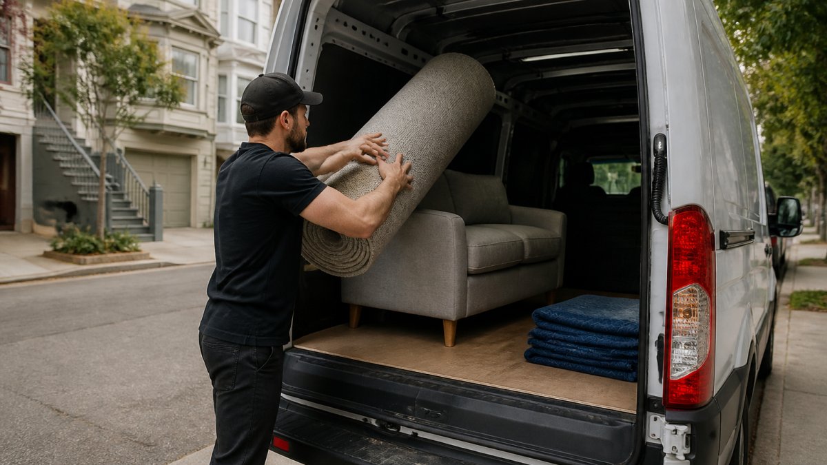 A person loading a rolled-up rug and a small sofa into the back of a white cargo van parked on a residential street, with moving blankets visible inside