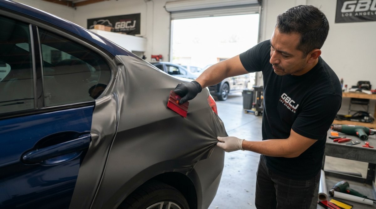 Professional applying cast vinyl wrap to vehicle panel showing smooth conformability to curved surfaces and panel contours with precision technique
