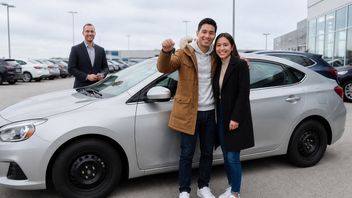 A newcomer couple standing beside a compact silver sedan in a dealership lot, holding keys and smiling, with a salesperson in the background under overcast daylight