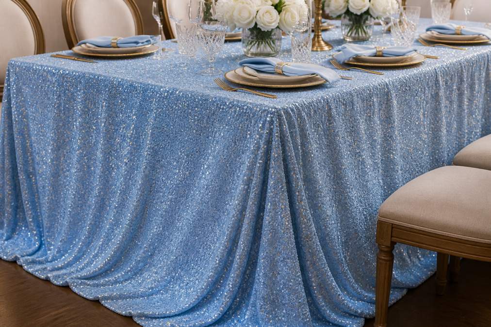 Elegantly draped stretch velvet tablecloth on a formal dining table showing soft sheen and smooth surface under warm ambient lighting, with fine china place settings and crystal glasses visible