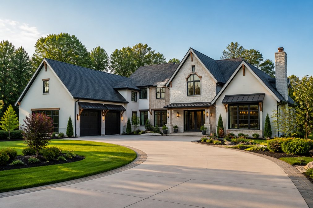 Modern custom home exterior showcasing luxury architectural design with professional landscaping and curved driveway in afternoon sunlight
