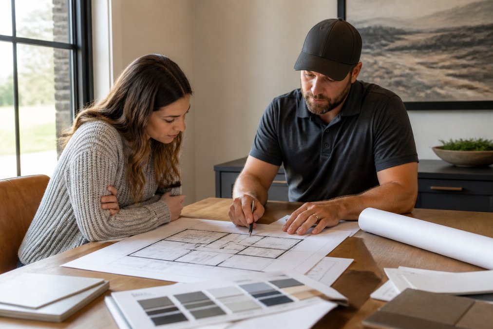 Homeowner and contractor reviewing floor plans and design documents at table during consultation meeting with natural window lighting