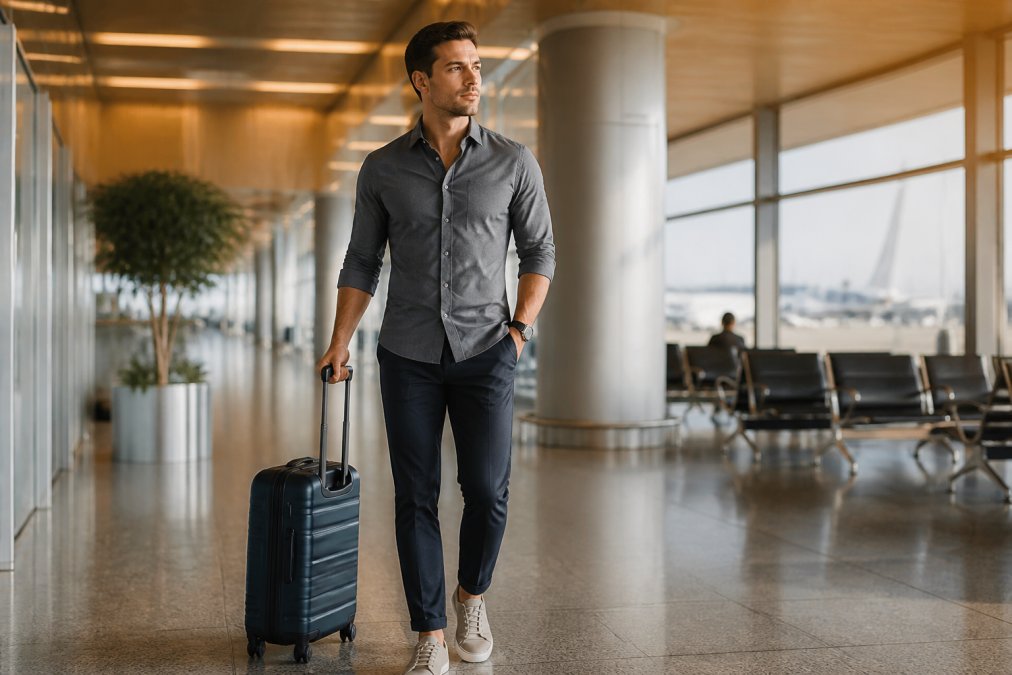 A stylish traveler in a fitted merino wool button-down shirt and dark stretch travel pants standing in a bright airport terminal, compact carry-on bag at their side, looking relaxed and put-together under warm overhead lighting