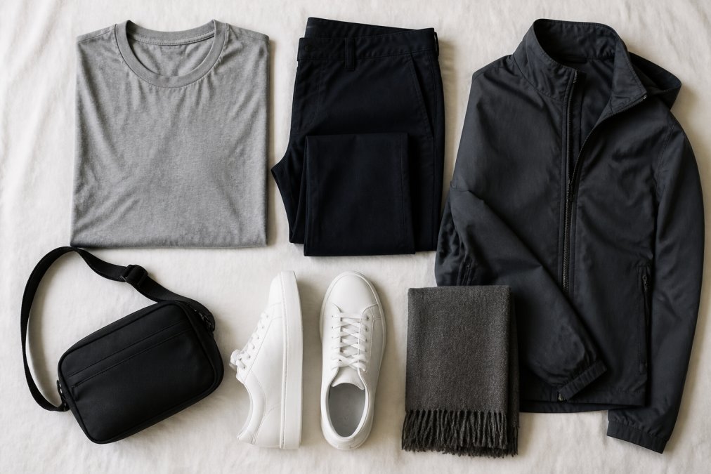 A flat-lay arrangement of a minimal travel capsule wardrobe on a clean white surface: a neutral grey merino tee, dark stretch chinos, a slim packable jacket, and clean white sneakers laid out neatly with a small crossbody bag and a folded scarf