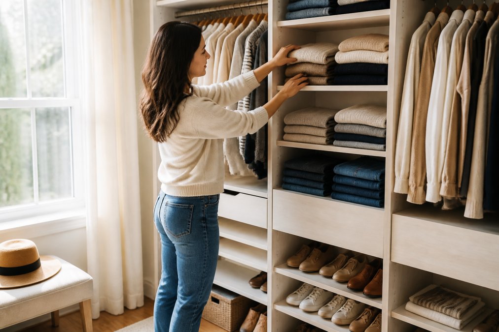 Woman organizing a neat closet with folded neutral-colored basics, jeans, and layering pieces arranged by category on shelves, natural morning light streaming through the window