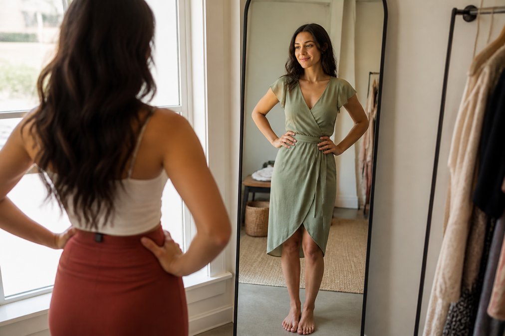 Woman trying on different silhouettes in a bright fitting room mirror, showing how various cuts and fits work with her body shape, with natural window lighting