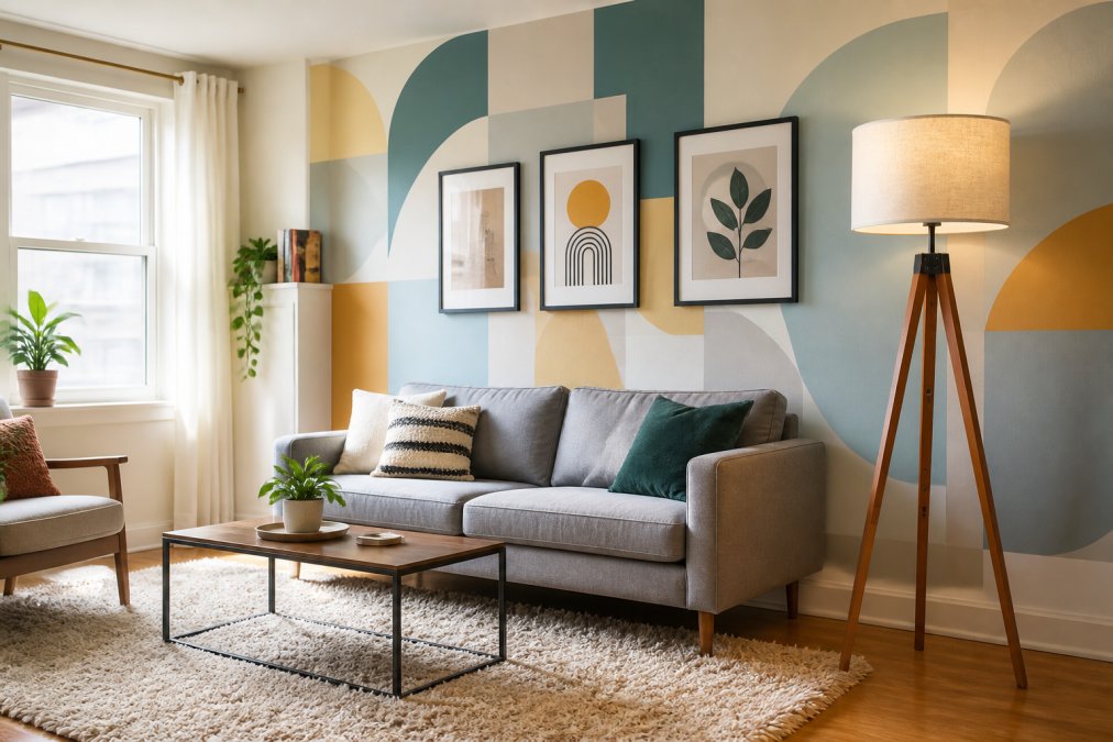 A bright modern apartment living room with a bold geometric peel-and-stick wallpaper panel on one accent wall, framed prints hung with adhesive strips, and a neutral shaggy area rug on light hardwood floors under warm afternoon window light