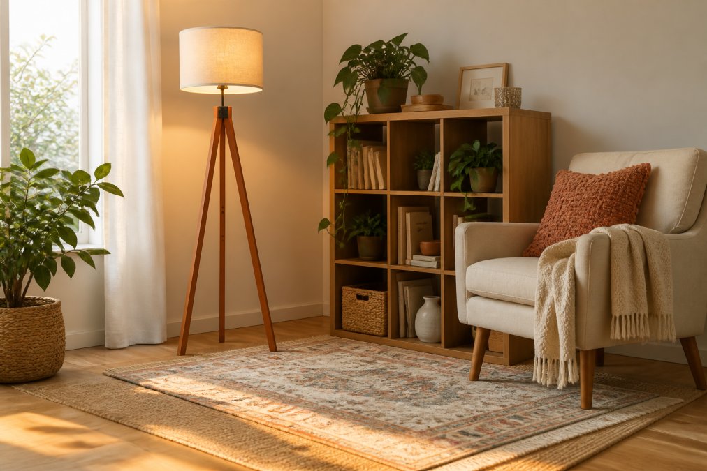 A cozy apartment living room corner with a wooden tripod floor lamp casting warm amber light, two layered area rugs on light hardwood floors, a small modular bookshelf unit with trailing potted plants, and a linen armchair with a textured throw, photographed in late afternoon natural light