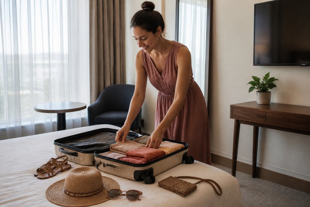 A woman in a stylish midi dress standing in a bright hotel room, packing a carry-on suitcase with folded dresses and travel accessories nearby