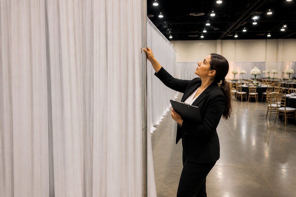 An event coordinator in professional attire inspecting a tall panel of white pleated drapery inside a large convention hall, holding a clipboard and checking fabric seams and fullness against an upright pipe, with a gala setup partially visible in the background