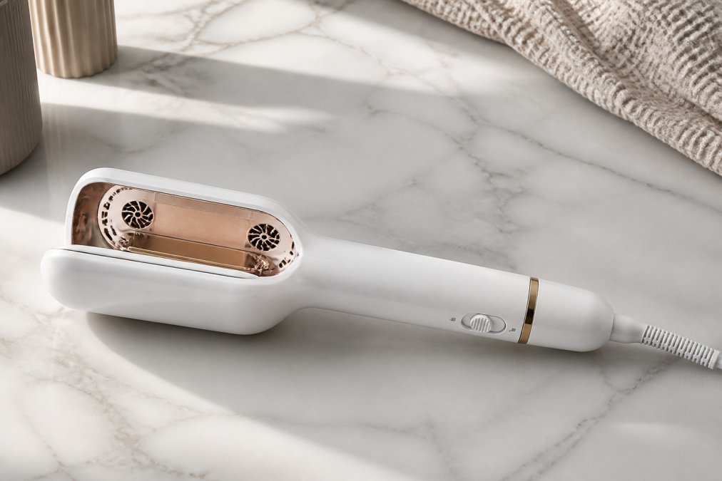 Close-up of the CHASKA Air Styler showing ceramic plates, dual fan placement visible in the heating elements, and ergonomic handle with swivel cord on a white marble surface with soft natural lighting