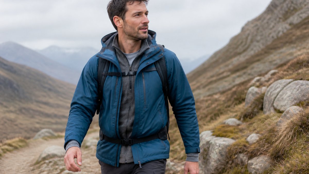 Person wearing complete three-layer outdoor outfit with visible moisture-wicking base layer at wrists, insulated fleece mid-layer, and windproof shell jacket standing outdoors in cool weather
