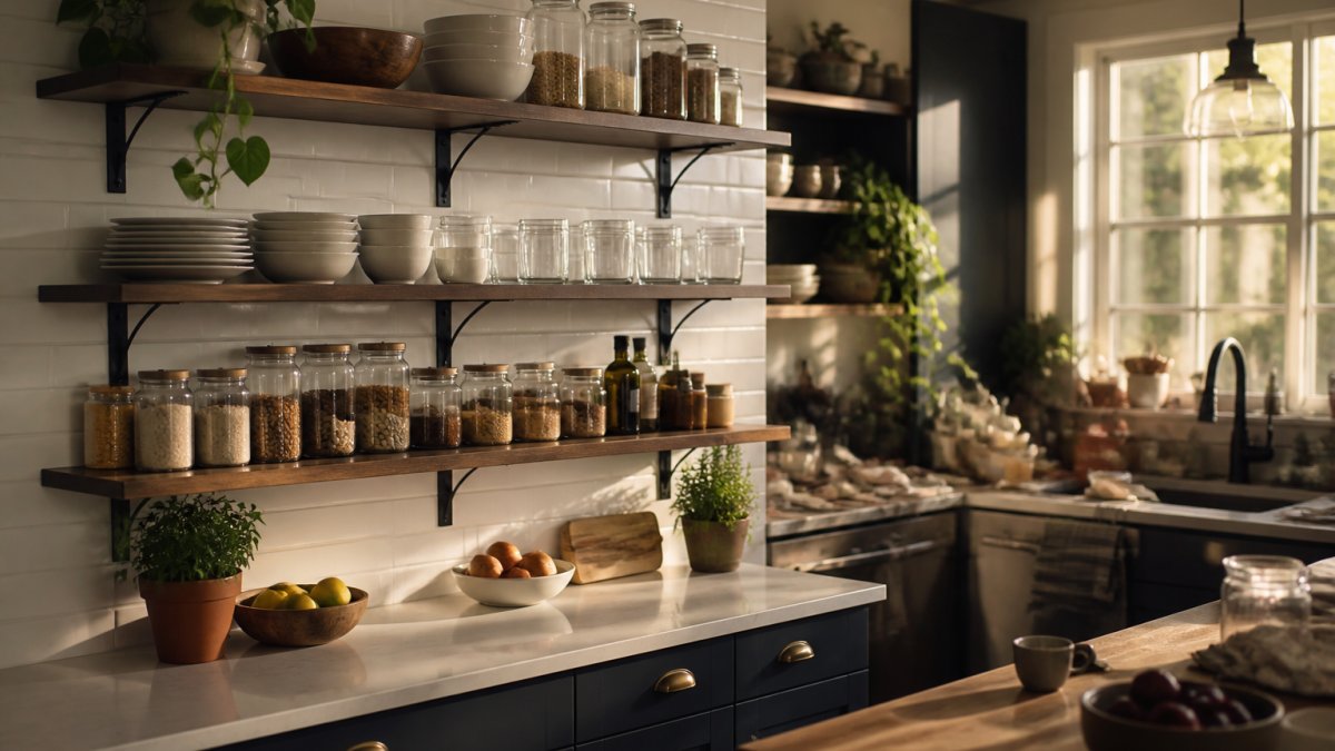 Bright, organized kitchen with wall-mounted shelving displaying neatly arranged dishes, glasses, and pantry items, white subway tile backsplash, natural window light streaming across organized shelves, with cluttered countertop visible in the background