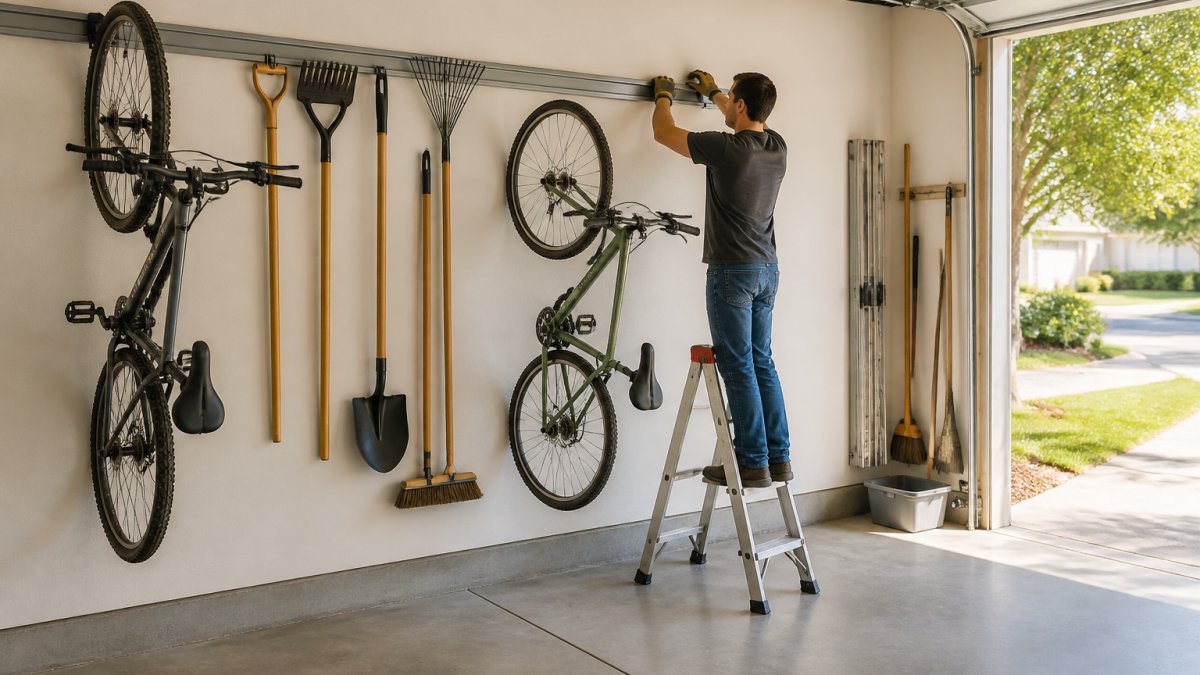 A homeowner in work gloves mounting a metal wall rail in a two-car garage, with a stepladder, garden tools, and two bicycles already hanging on hooks above a swept concrete floor and afternoon sunlight through the open door