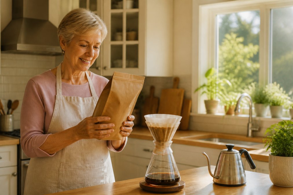A person in a bright home kitchen holding a bag of freshly roasted coffee beans near a pour-over setup, with morning light streaming in