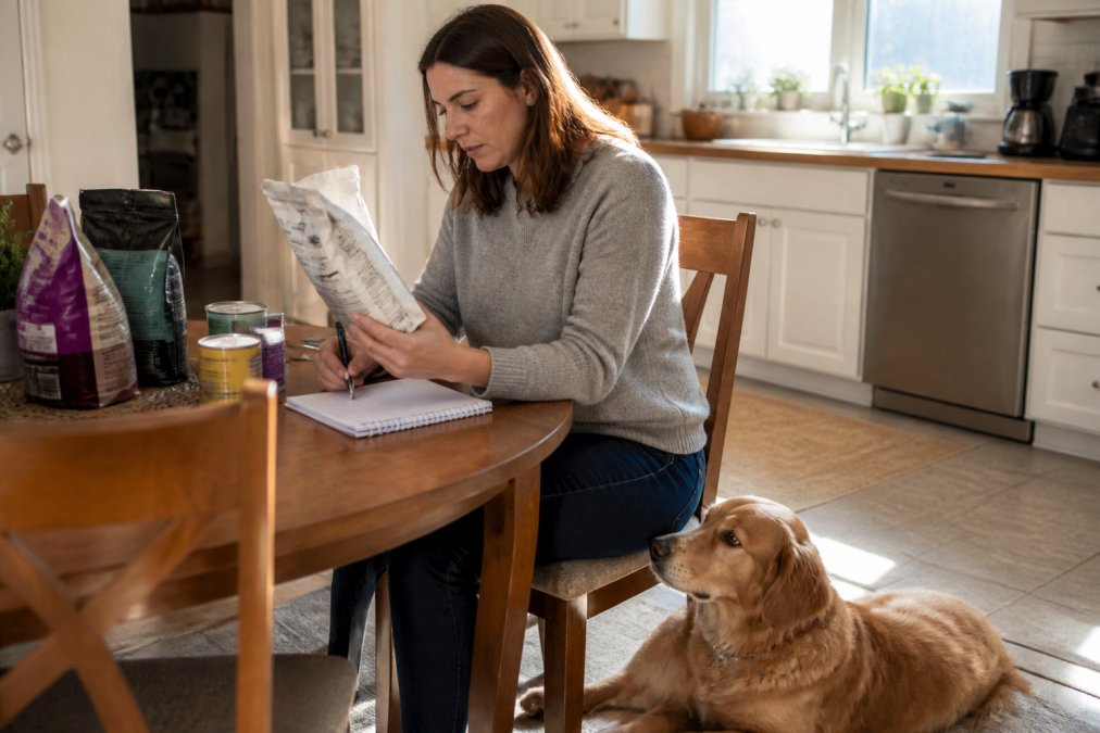 A pet owner sitting at a kitchen table with a laptop, comparing pet product labels and taking notes by hand, a rescue dog resting on the floor beside the chair, warm afternoon light through a window