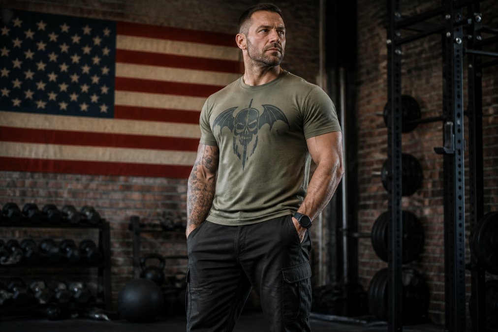A veteran in a fitted military-inspired graphic tee and tactical pants standing confidently in a gym with iron weights and an American flag mounted on the brick wall behind him, natural overhead lighting