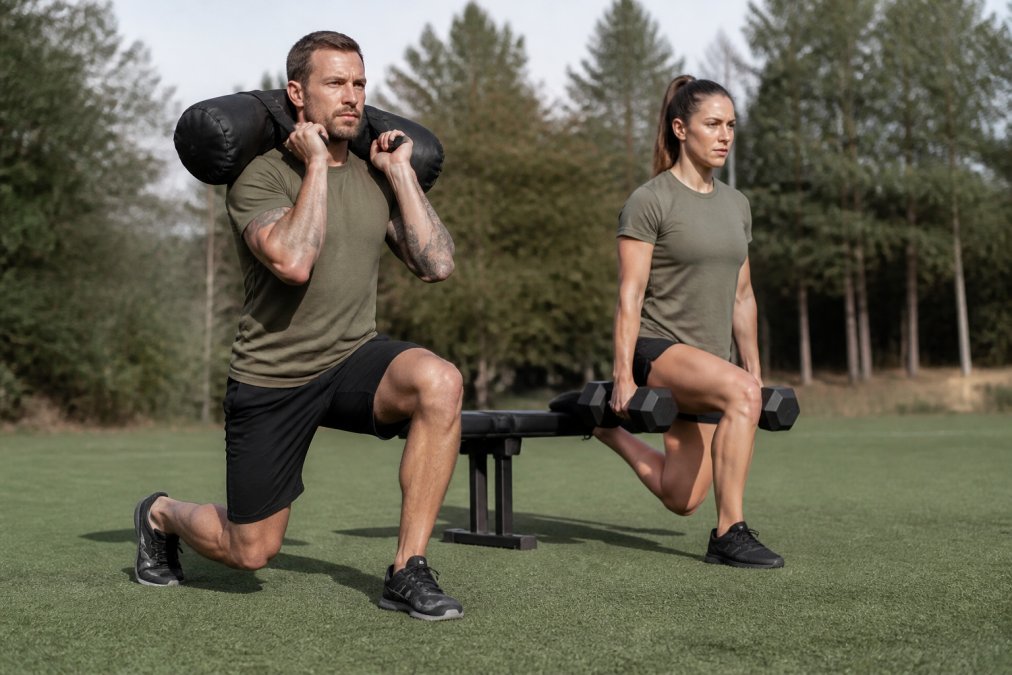 A male and female athlete in rugged activewear performing functional fitness movements outdoors on a training field, both wearing well-fitted tactical-style shirts and shorts, morning light, natural setting