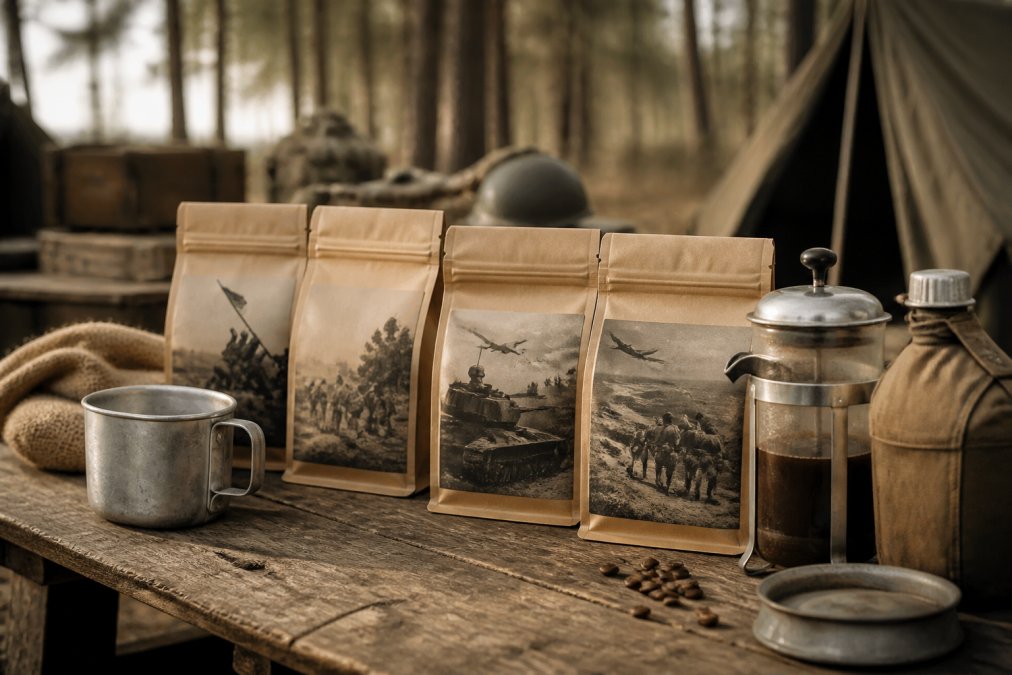 A rustic wooden table outdoors with several bags of Iron Soldiers Coffee Company coffee, each with vintage WWII-inspired packaging, surrounded by brewing equipment like a French press and a canteen cup