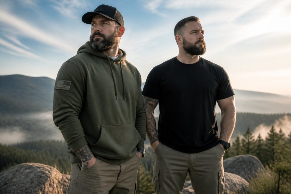 Veteran wearing tactical streetwear hoodie and heavy cotton t-shirt standing outdoors in natural morning light, displaying fit and quality of patriotic apparel with confident stance