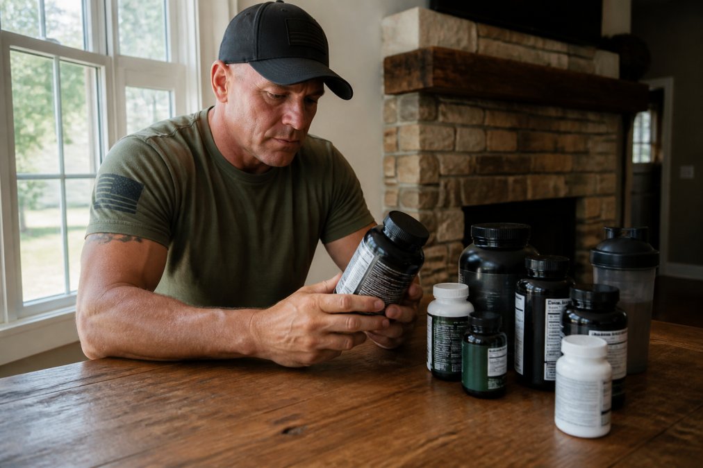 A veteran in casual athletic wear reviewing supplement bottles on a wooden table, with natural light coming through a window, supplement labels visible, relaxed focused expression