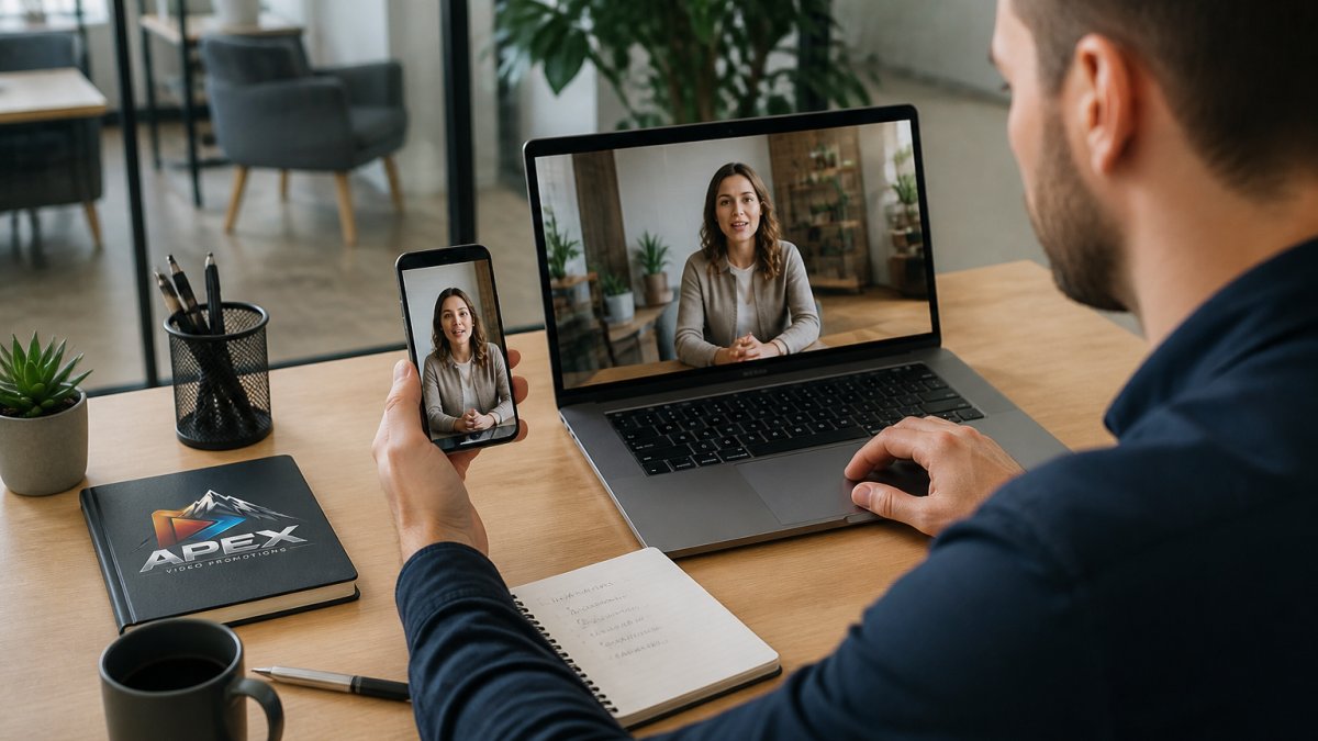 A marketer at a desk comparing a vertical smartphone screen and a horizontal laptop screen side by side, both showing video content, in a bright modern office