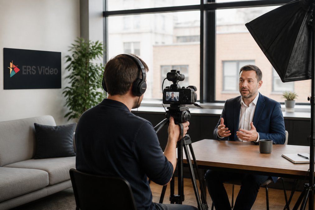 A videographer filming a business owner being interviewed in a bright modern office, with a camera on a tripod and softbox lighting in the foreground