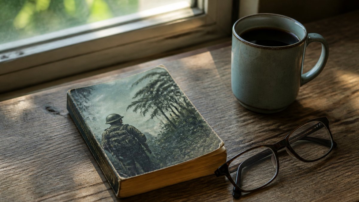 Infographic showing the emotional impact of Vietnam war novels on veterans with a coffee and book scene.