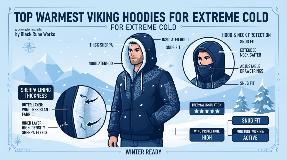 Person wearing sherpa-lined Viking hoodie outdoors in snowy winter conditions, thick hood up, showing the dense lining and insulation design in action against falling snow