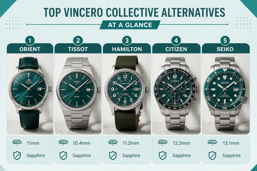 Collection of five different watch styles displayed on a neutral surface, showing diverse designs from minimalist thin-cased watches to sporty chronographs with visible bezels, natural lighting highlighting stainless steel cases and sapphire crystals